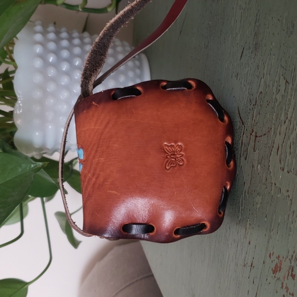 Vintage Tooled Hand Painted Floral Butterfly Leather Mini Bag - Picture 2 of 5